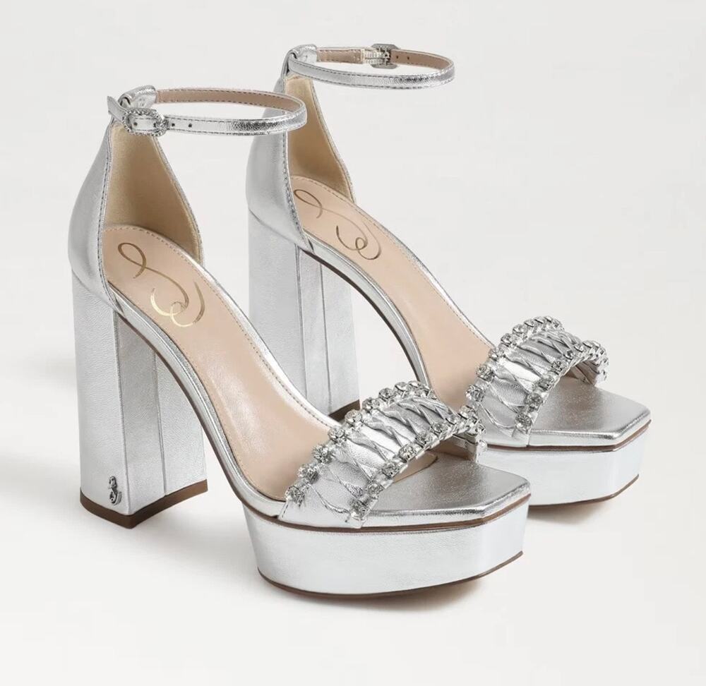 SAM EDELMAN Ninette Metallic Silver Crystal Toe Strap Platform Heel Sandal US 10